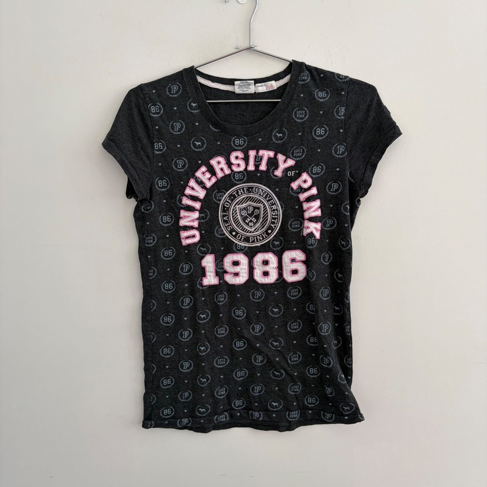 Pink Victoria's Secret University of Pink 1986 Graphic Tee Charcoal Gray Large